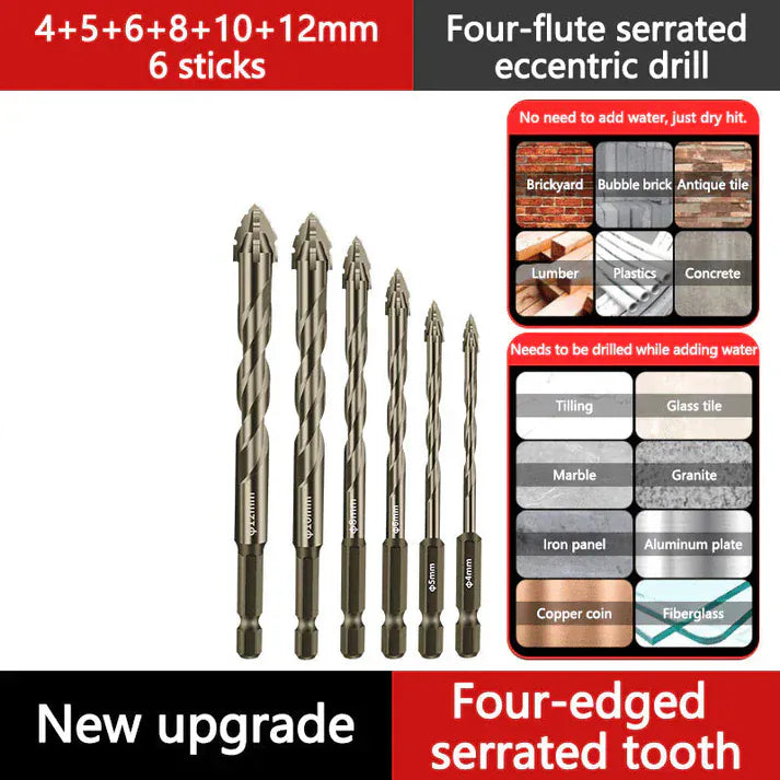 shoptikpro 五金、工具>工具耗材>钻头>地钻钻头 4+5+6+8+10+12mm Juego de Brocas Excéntricas de Alta Resistencia, 4 Filos, para Perforación Precisa en Mampostería y Hormigón (Set de 6 Piezas)