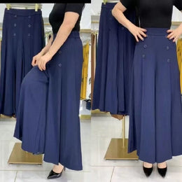 shoptikpro 女装>女式休闲裤>休闲裤 Azul oscuro / M(45-50KG) Pantalones de vestir anchos para mujer - Tiro alto con botones decorativos
