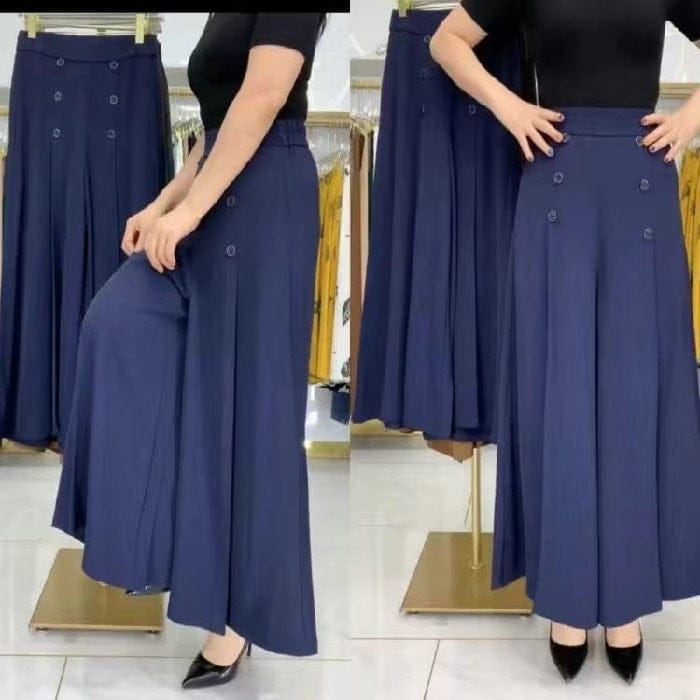 shoptikpro 女装>女式休闲裤>休闲裤 Azul oscuro / M(45-50KG) Pantalones de vestir anchos para mujer - Tiro alto con botones decorativos