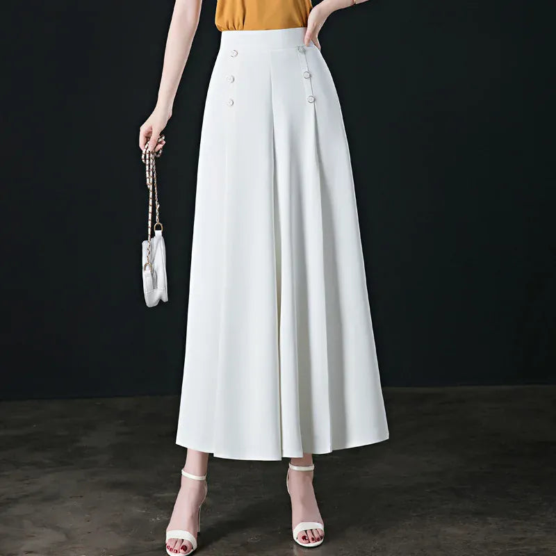 shoptikpro 女装>女式休闲裤>休闲裤 Blanco / M(45-50KG) Pantalones de vestir anchos para mujer - Tiro alto con botones decorativos