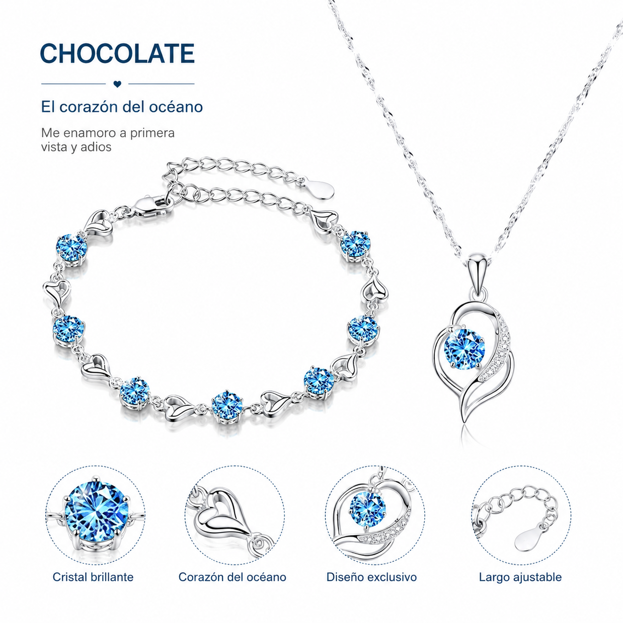Conjunto de Collar y Pulsera "Corazón del Océano" en Plata de Ley 925【Paquete de 2】