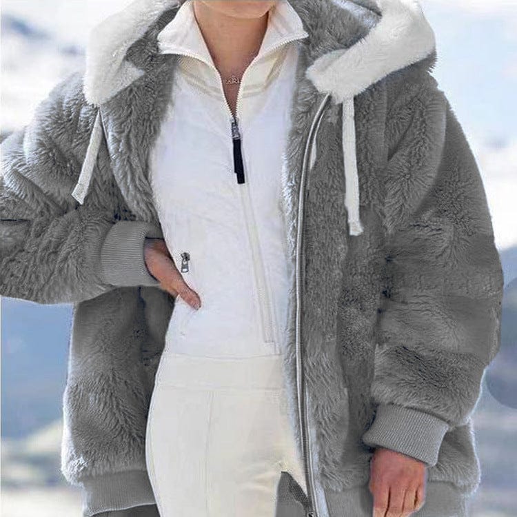 shoptikpro 女装>女式卫衣、绒衫 Gris / S 【S-5XL】Chaqueta para mujer de felpa gruesa con rayas en contraste 2026