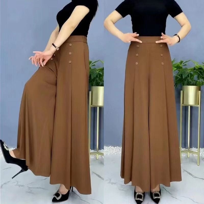 shoptikpro 女装>女式休闲裤>休闲裤 Marrón oscuro / M(45-50KG) Pantalones de vestir anchos para mujer - Tiro alto con botones decorativos