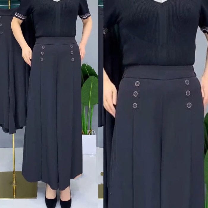 shoptikpro 女装>女式休闲裤>休闲裤 Negro / M(45-50KG) Pantalones de vestir anchos para mujer - Tiro alto con botones decorativos