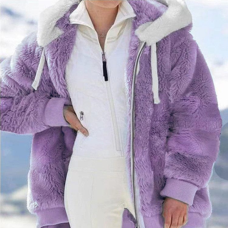 shoptikpro 女装>女式卫衣、绒衫 Púrpura / S 【S-5XL】Chaqueta para mujer de felpa gruesa con rayas en contraste 2026