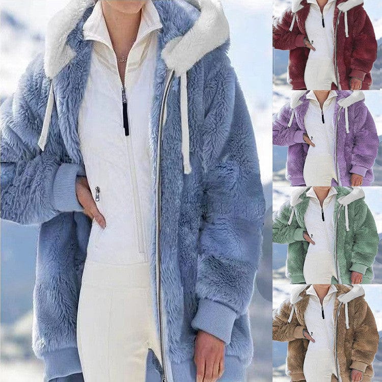 shoptikpro 女装>女式卫衣、绒衫 【S-5XL】Chaqueta para mujer de felpa gruesa con rayas en contraste 2026
