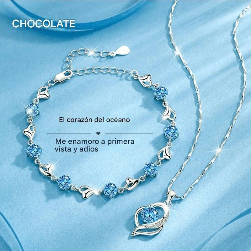 Conjunto de Collar y Pulsera "Corazón del Océano" en Plata de Ley 925【Paquete de 2】