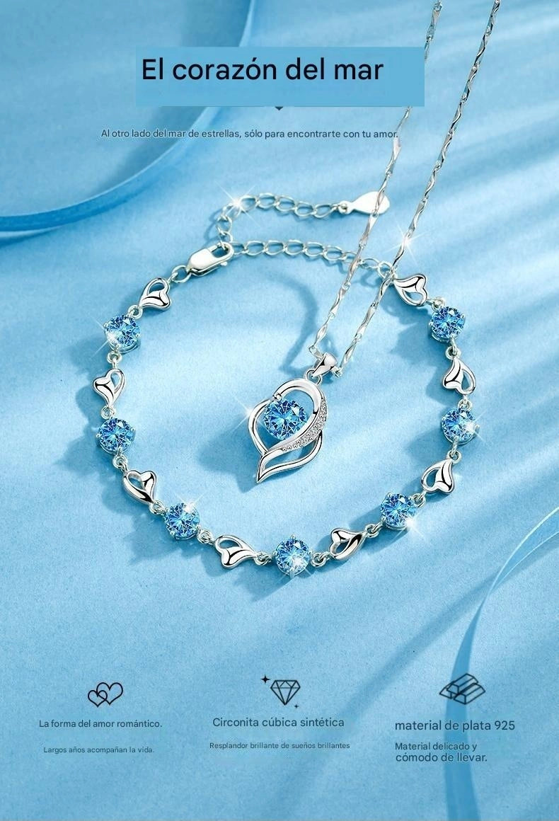 Conjunto de Collar y Pulsera "Corazón del Océano" en Plata de Ley 925【Paquete de 2】