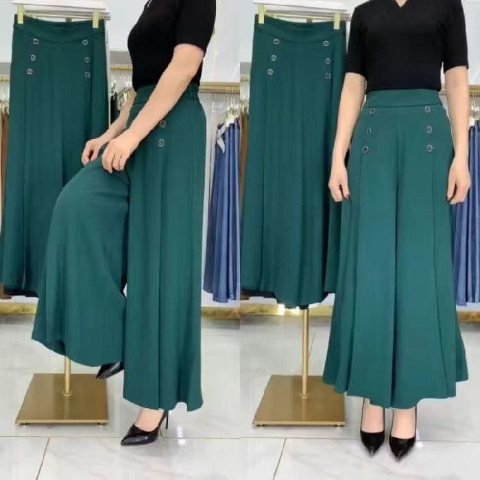 shoptikpro 女装>女式休闲裤>休闲裤 Verde / M(45-50KG) Pantalones de vestir anchos para mujer - Tiro alto con botones decorativos